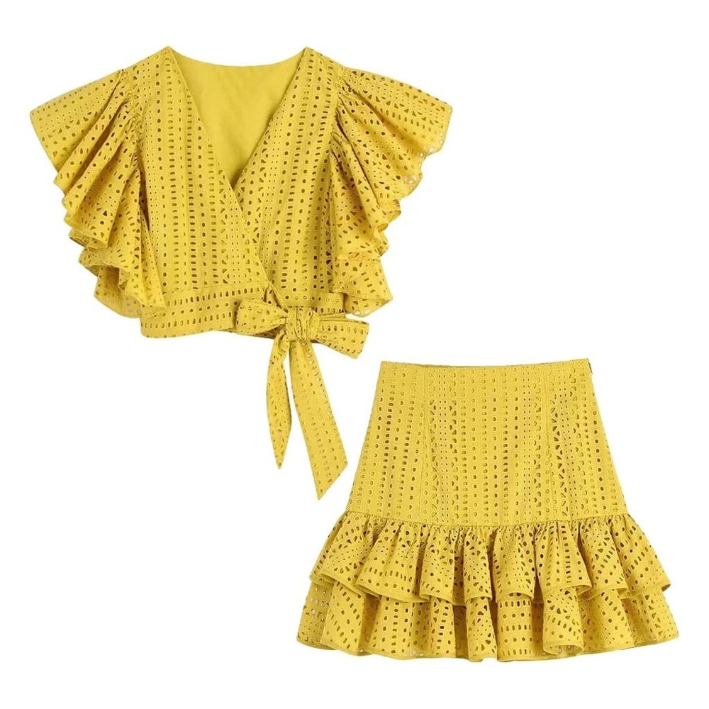 Zara Yellow Eyelet Skirt Set